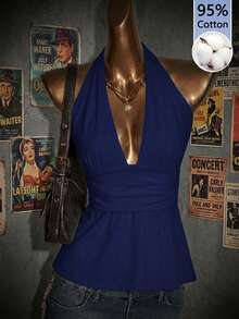 SHEIN ICON 95% Cotton Halter Deep V-Neck Cinched Waist A-Line Backless Tank Top, Solid Blue - Navy Blue - View 9