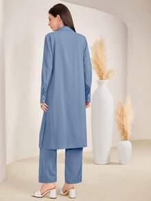 Mulvari Flap Detail Split Hem Shirt & Wide Leg Pants - Dusty Blue - View 6