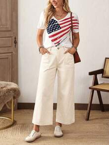 EMERY ROSE Plus Size Women Pocketed Button Casual Versatile Daily Wear Wide Leg Jeans - Beige - View 4