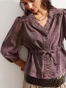 Bohemela Women's Denim Shirt, Loose Fit, Drawstring Waist, 3/4 Sleeves, Purple Denim Top. Spring Clothes  Valentine's Day   Carnival  Vacation Outfits For Women  Blouse - Brown - View 6