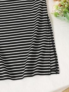 Young Girl's Fashionable & Cute Minimalist Black & White Striped Patchwork Fitted Long Camisole Dress, Summer - Black and White - View 5