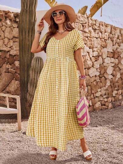 EMERY ROSE 大码女式V领短袖格子连衣裙，夏季度假