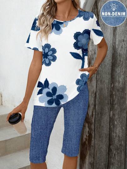 EMERY ROSE 2pcs Women Summer Casual Floral Print Short Sleeve T-Shirt And Pants Set,Casual