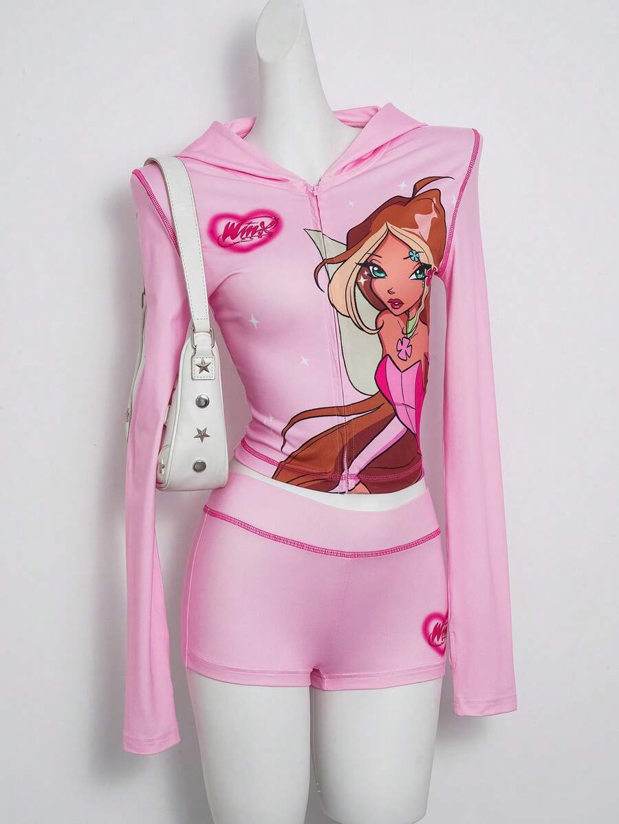 The Winx x SHEIN Women's Y2K Casual Fashion Street Cartoon Graphic Zip-Up Hoodie And Shorts Set, Spring/Summer/Autumn - Pink - View 1