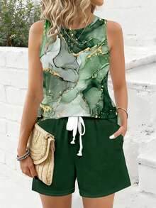 2pcs/Set Women Vintage Casual Marble Pattern Sleeveless Top, Suitable For Leisure And Vacation, Spring/Summer - Multicolor - View 1