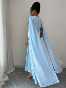 Elenzga Women's V-Neck Applique Shawl Collar Elegant Waist Cinched Long Party Dress - Baby Blue - View 2