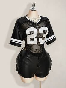 SHEIN ICON 大码女式蕾丝拼接数字图案短款宽松T恤 - 黑色 - 查看 9