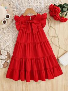 SHEIN Đầm dệt màu trơn có bèo nhún ở gấu váy, kiểu dáng thường ngày, thích hợp cho bé gái. - Nhiều màu - Xem 3