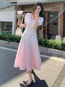 DAZY Women's Square Neck Ombre Korean Style Textured Mid-Length Dress - Pink - View 7