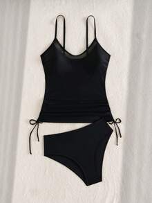 Swim Lushoire Women's Black Mesh Splice Drawstring Tie Tankini Top And Solid High Waist Bottoms 2-Piece Swimsuit, Suitable For Beach, Vacation, Casual Wear - Black - View 7