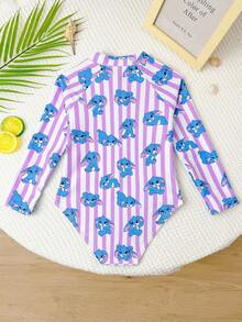 Young Girl Striped Cartoon Print Long Sleeve One-Piece Swimsuit, Summer Beach Vacation - Purple - View 2