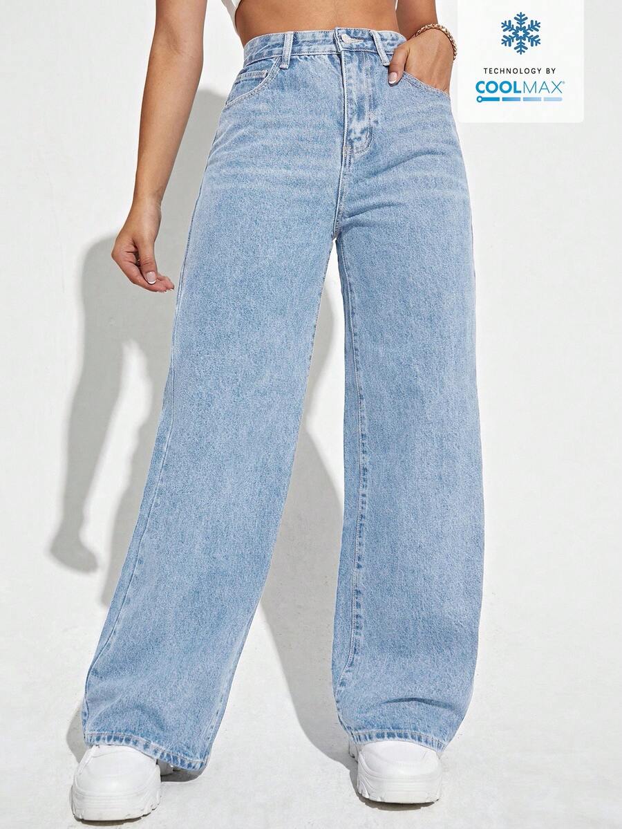 SHEIN EZwear 大码休闲宽松直筒牛仔裤,带口袋,百搭浅色牛仔裤 - 淺色水洗藍 - 查看 1