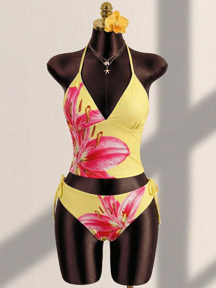SHEIN Bộ bikini hai mảnh màu vàng in hoa dành cho thiếu nữ, kiểu dáng dây mảnh, thích hợp cho kỳ nghỉ biển, mùa xuân/hè. - Màu vàng - Xem 1