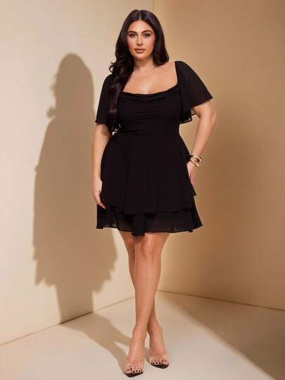 SHEIN BAE 大码女式黑色荷叶边袖连体裤