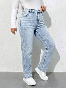 SHEIN ICON Quần jean denim dáng rộng, cổ điển, có túi, dành cho nữ, cỡ lớn. - Rửa nhẹ - Xem 3