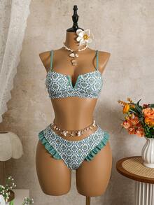 Bellisia Bộ bikini nữ họa tiết hoa phối bèo nhún, thích hợp cho kỳ nghỉ biển. - màu xanh lá - Xem 1