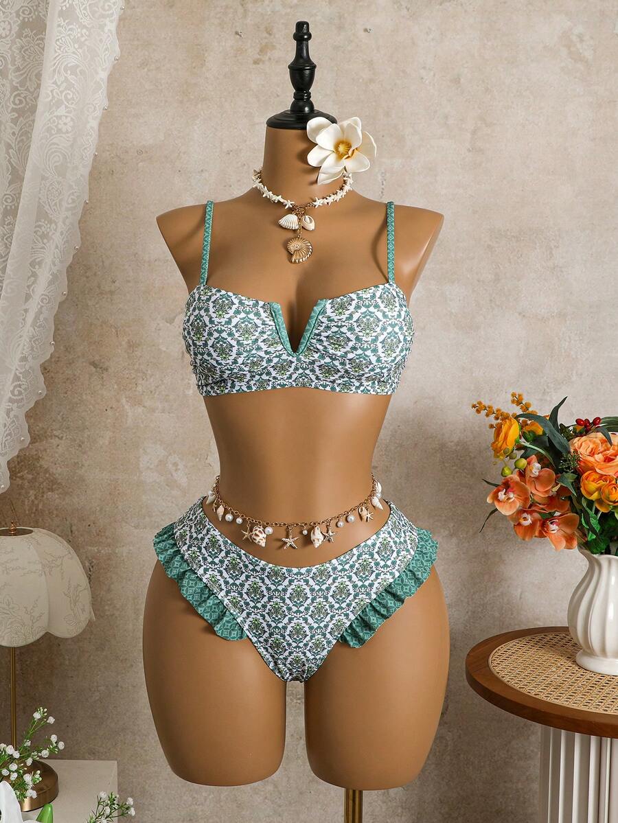 Bellisia Bộ bikini nữ họa tiết hoa phối bèo nhún, thích hợp cho kỳ nghỉ biển. - màu xanh lá - Xem 1
