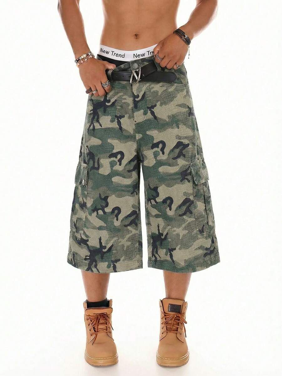 STYNVO Pantalones cortos casuales de media longitud para hombres, estilo callejero, estampado de camuflaje casual y suelto, adecuado para el uso diario, el transporte y el uso en la calle, pantalones cortos cargo con estampado de camuflaje de estilo callejero para hombres - Verde Oliva - Ver 1