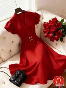 Franclia 女士优雅荷叶袖A字连衣裙，适合日常通勤、商务场合、浪漫约会、派对、圣诞节等，红色短袖 - 紅色 - 查看 1