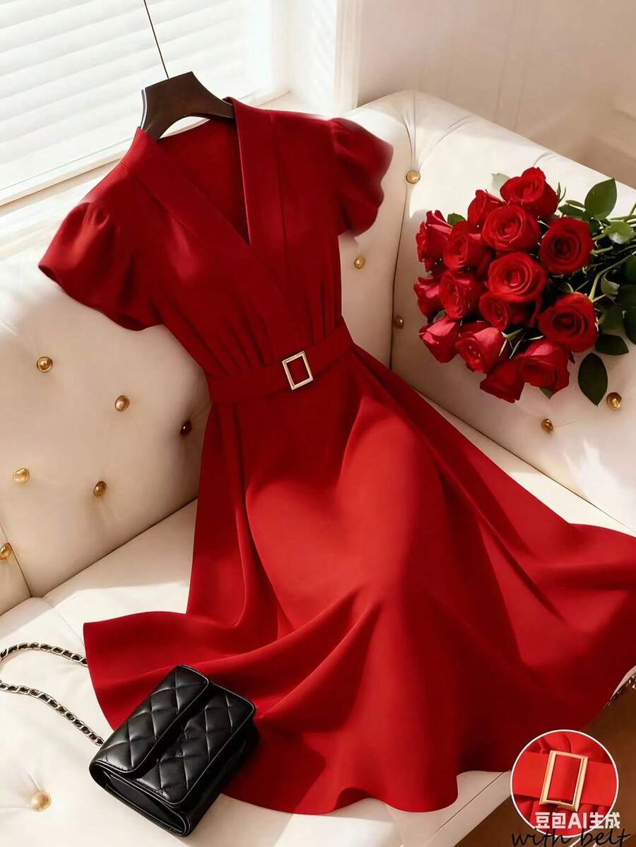 Franclia 女士优雅荷叶袖A字连衣裙，适合日常通勤、商务场合、浪漫约会、派对、圣诞节等，红色短袖 - 紅色 - 查看 1