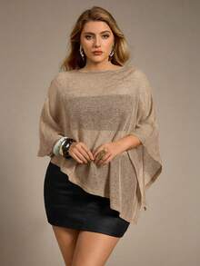 Auralis 新款时尚百搭棕色针织提花镂空连体露背披肩领多穿度假风轻薄罩衫，适合春、秋、夏季穿着 - 卡其色 - 查看 3