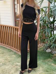 Livesso Frühlings- und Sommer-Mode schwarzes asymmetrisches Schulter-Kurzoberteil mit Spitzenbesatz, gerade geschnittene Lässig Hose Set, Business-Casual Urlaubs-Elegant Pendler Damen 2-teiliges Outfit Loungewear Set für Frauen - Schwarz - Übersicht 5