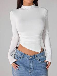 SHEIN PETITE 2件套不对称下摆高领长袖T恤高领修身女款上衣 - 彩色 - 查看 11