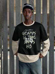 NEON BLANC T-shirt à manches longues 2 en 1 pour hommes, design blocs de couleurs avec panneau à motif gaufré, impression cool de lettre 915 streetwear - Multicolore - Voir 2