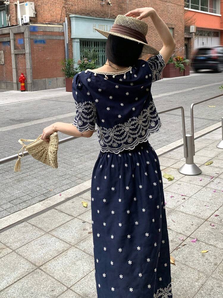 2pcs/Set Women Floral Embroidered Square Collar Blouse And Skirt Summer Boho