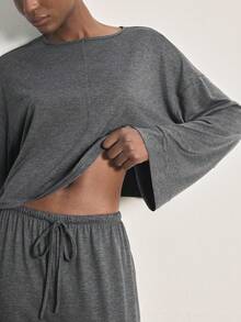 Ocili 2件套舒适柔软竹纤维针织圆领长袖上衣和裤子女士睡衣套装，夏季 - 深灰色 - 查看 2