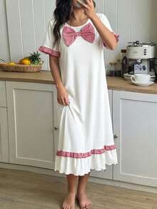 女士休闲蝴蝶结装饰荷叶边下摆短袖睡裙家居服 - 杏色 - 查看 3