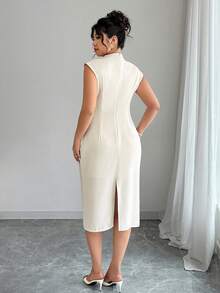 Elenzga 女士优雅休闲日常通勤度假时尚新款立领垂袖收腰杏色连衣裙，夏季 - 杏色 - 查看 2