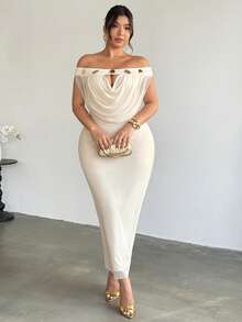 Firerie 大码优雅浪漫精致正式派对度假约会无袖垂领深V领镂空金属装饰网纱修身弹力连衣裙，女士，春夏款 - 杏色 - 查看 7