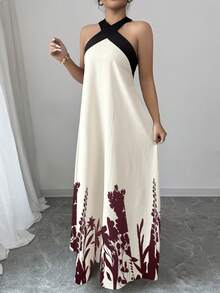 Rafferiza Đầm maxi nữ mùa hè phong cách Bohemian, cổ yếm, hở lưng, dây buộc nơ, phối màu tương phản, dáng xòe, họa tiết in nổi. - Đỏ - Xem 5