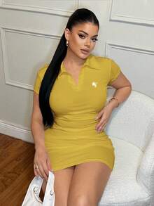 SHEIN SXY Đầm công sở cổ bẻ thêu họa tiết, kiểu dáng thường ngày - Màu vàng - Xem 7