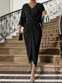 SHEIN Lady Đầm nữ cỡ lớn cổ chữ V tay lửng kiểu cánh dơi thắt eo, in họa tiết kim tuyến đen. Đầm mùa hè, đầm dự tiệc, đầm dự đám cưới, đầm sinh nhật, đầm nữ thanh lịch. - màu đen - Xem 5