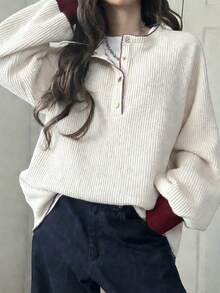 FRIFUL Áo thun dài tay nữ phối màu, cài cúc nửa cổ, kiểu dáng thường ngày. - Màu be - Xem 4