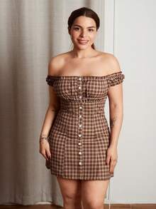 Lupita Cardoza Casual Fashion Slim-Fit Plaid Off Shoulder Mini Dress For Women - Coffee Brown - View 6