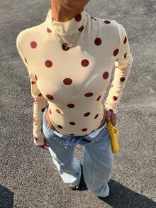 Muchica Women's Polka Dot Print Stand Collar Fitted Long Sleeve Bodysuit - Yellow - View 6