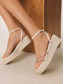 Styleloop 女士时尚编织休闲坡跟凉鞋，水钻装饰波西米亚度假风复古法式帆布坡跟踝带凉鞋，西部风格，音乐节派对服装春夏鞋履，春假复活节 - 米色1 - 查看 4