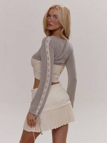 MUSERA 镂空系带前襟罗纹长袖针织套头衫 可爱少女性感春冬日常外出复活节糖果色 - 彩色 - 查看 2