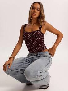 SHEIN BAE 女士约会之夜女友聚会生日派对夜店假日派对优雅波点吊带背心，女友聚会，约会，日常通勤束身衣，可爱性感上衣夜店装，夏季上衣 - 巧克力棕 - 查看 4