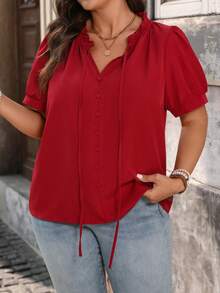EMERY ROSE Camisa de manga corta con volantes rojos vintage de talla grande - Burdeos - Ver 6