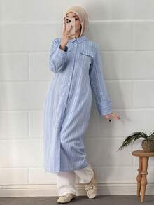 DAZY Cotton Spring Elegant Turndown Collar Striped Loose Mid-Length Dress For Women - Blue - View 3