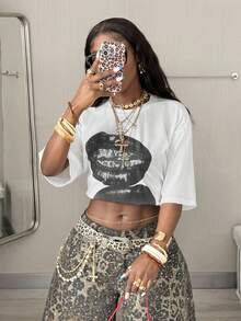 Coolane Áo thun nữ mùa hè phong cách đường phố, họa tiết cổ điển Y2K, hippie, tiền cũ, hình môi, dáng rộng. - trắng - Xem 6