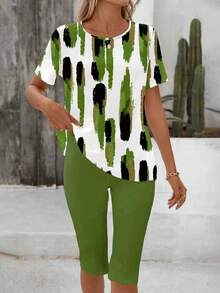 EMERY ROSE 2pcs/Set Women Casual Minimalist Abstract Pattern Outfit, Suitable For Summer - Multicolor - View 3