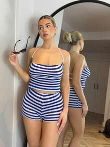 Bethéva 2 件套女士夏季休闲度假条纹露背抹胸短款上衣和低腰短裤 - 藍白色 - 查看 4