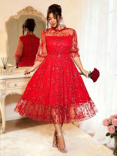 Elenzga Plus Size Women's Elegant Lace Embroidered Mesh Ruffle Trim Puff Sleeve Bodycon Maxi Dress, Suitable For Spring/Summer, Back To School, Graduation, Holidays, Valentine's Day, Music Festivals, Mother's Day, Halloween, Thanksgiving, Easter, National Day, Galas, Dates, Parties, Weddings, Outdoor Activities