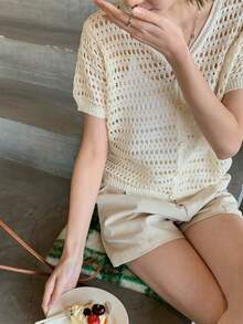 DAZY Women's Summer French Niche Design Single-Breasted V-Neck Thin Hollow Out Short Sleeve Knit Sweater Top - Apricot - View 1