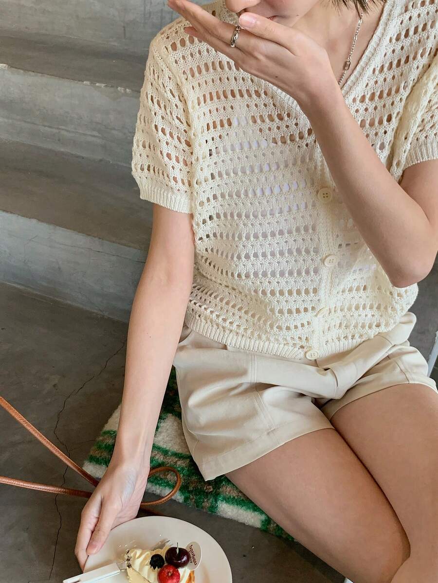 DAZY Women's Summer French Niche Design Single-Breasted V-Neck Thin Hollow Out Short Sleeve Knit Sweater Top - Apricot - View 1